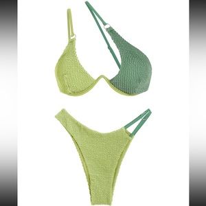 ZAFUL Crinkle Textured Colorblock Strappy Monowire O Ring Bikini Swimwear.